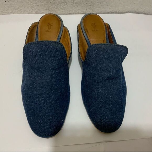 FRYE Gwen Denim Flat Mule Indigo Size 6.5 M Padded Footbed Slide Round Toe - Picture 2 of 6